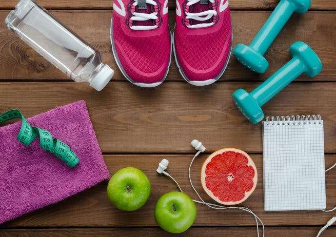 aerial view of fitness equipment and fruit