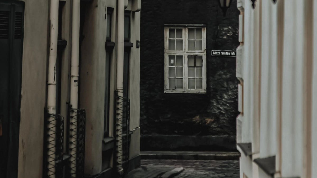 narrow alleyway between black and white buildings