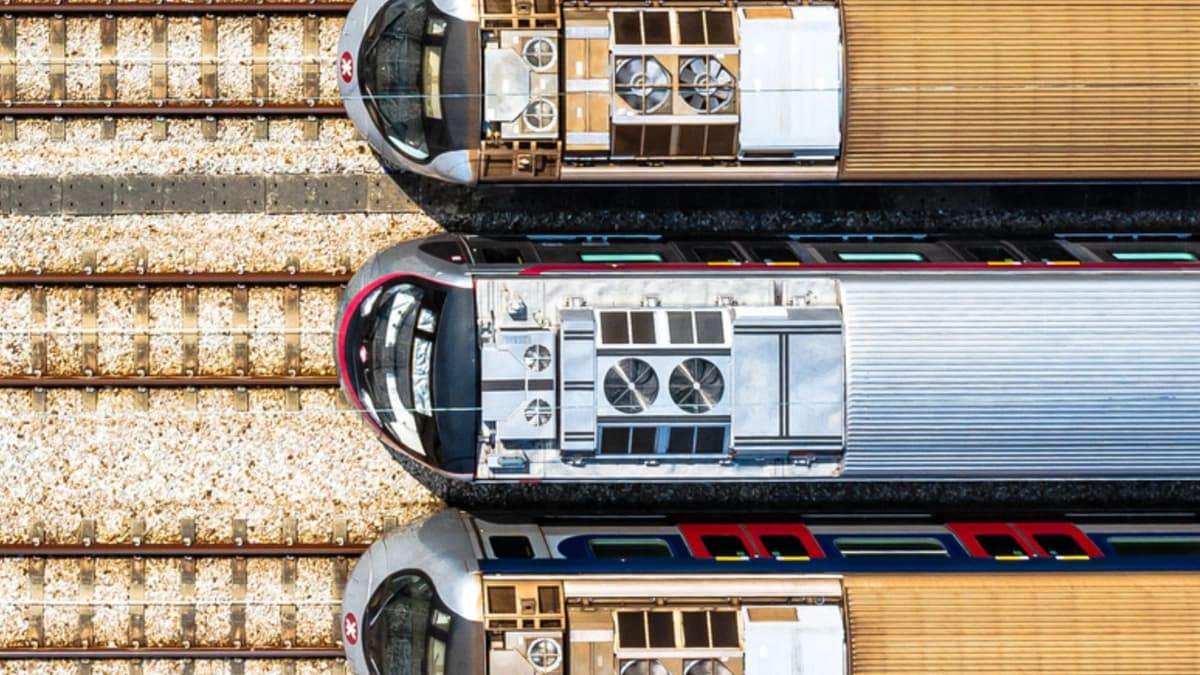 aerial view of old trains on train tracks